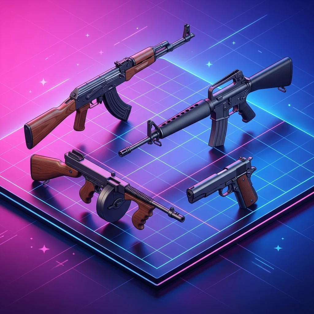Classic retro weapons displayed against a neon pink and blue minimalistic background