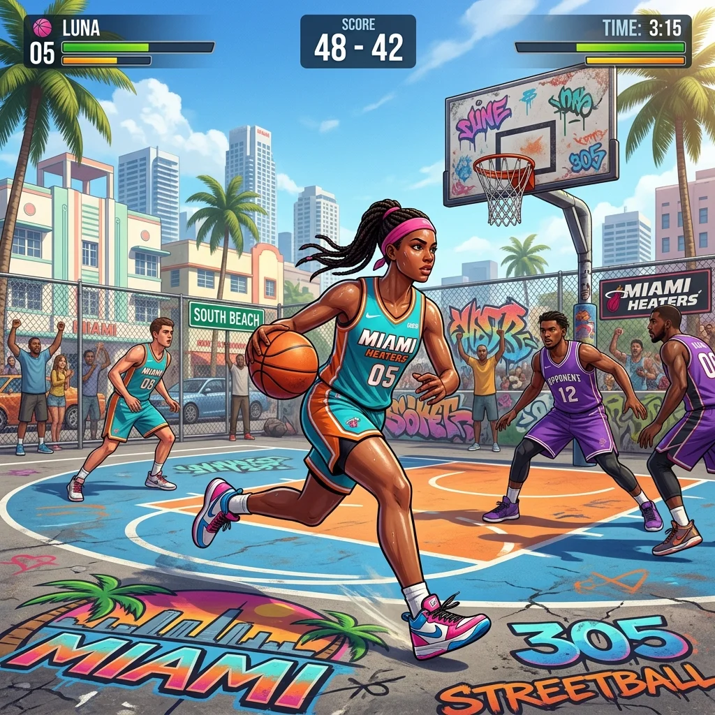 Lucia shooting a basketball on an urban court