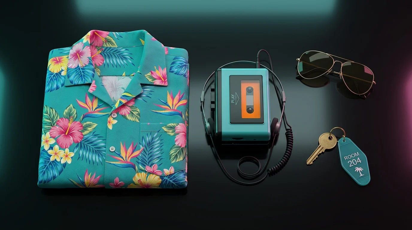 3D flat-lay of vintage 1980s Miami memorabilia including teal floral shirt and cassette player