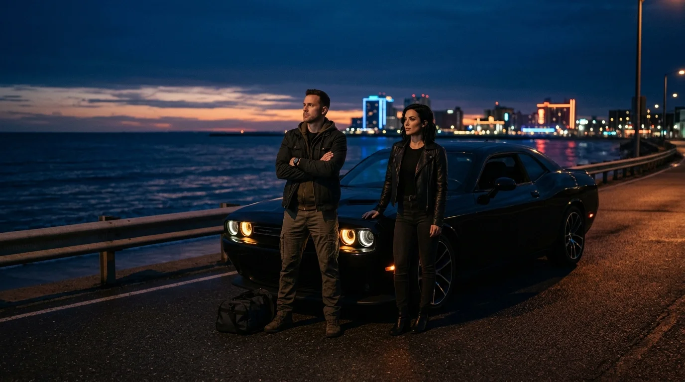Jason and Lucia standing beside their muscle car during a tropical Vice Beach dusk
