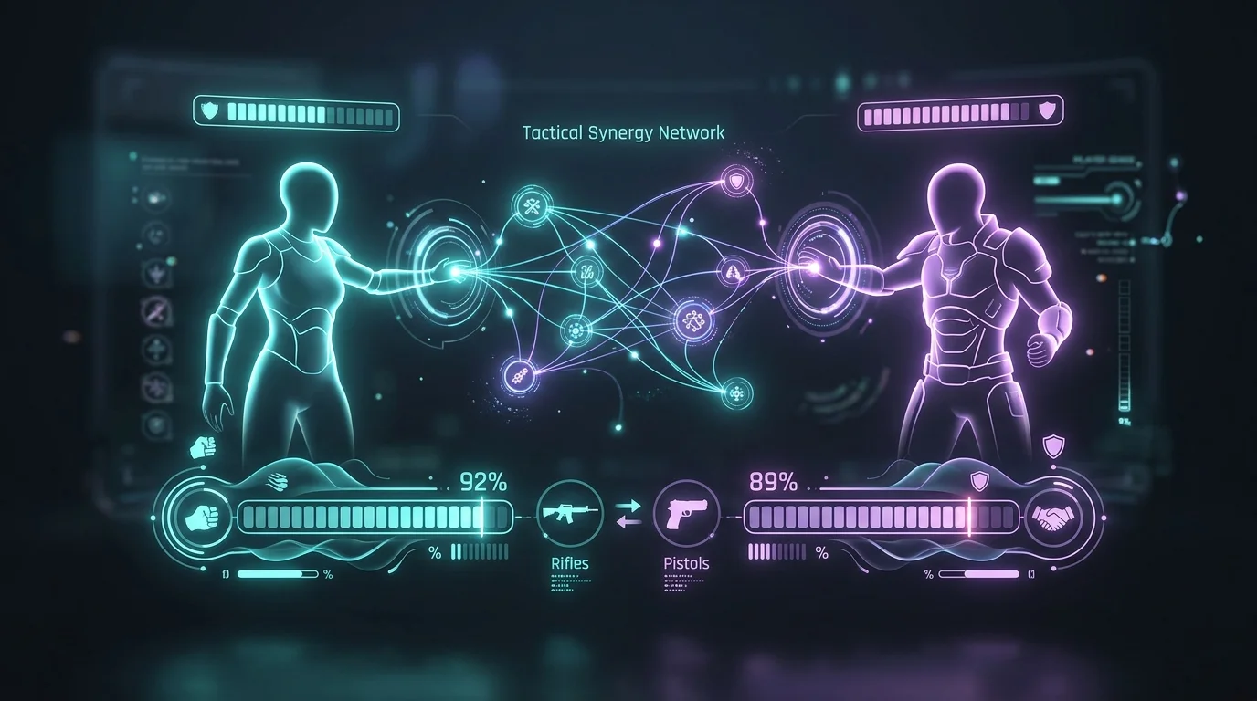 Futuristic 3D diagram showing dual character tactical synergy and trust mechanics