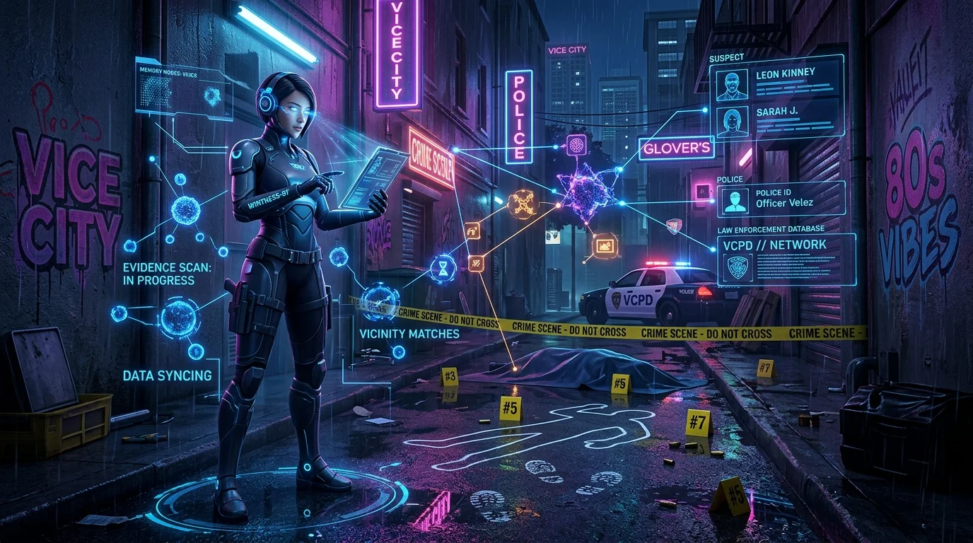 AI NPC witness scanning crime scene and uploading data to police network