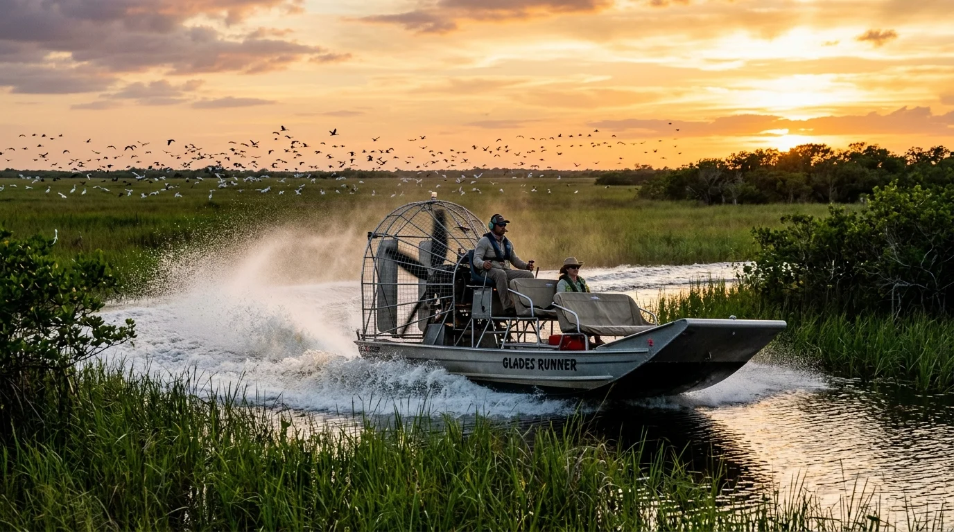 High-speed fan-powered airboat gliding through the golden sawgrass channels of the Everglades
