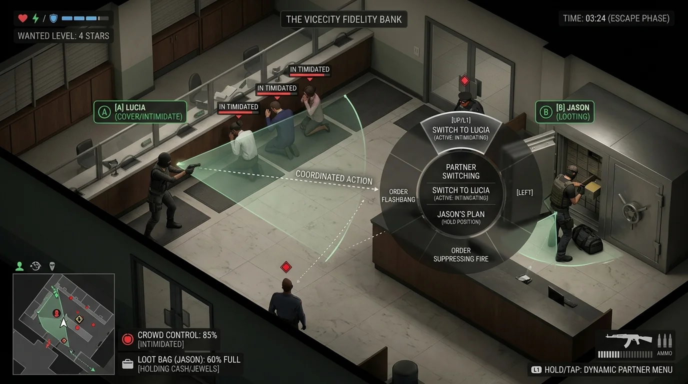 GTA 6 Dual-Protagonist Heist Command Radial UI and Tactical Map