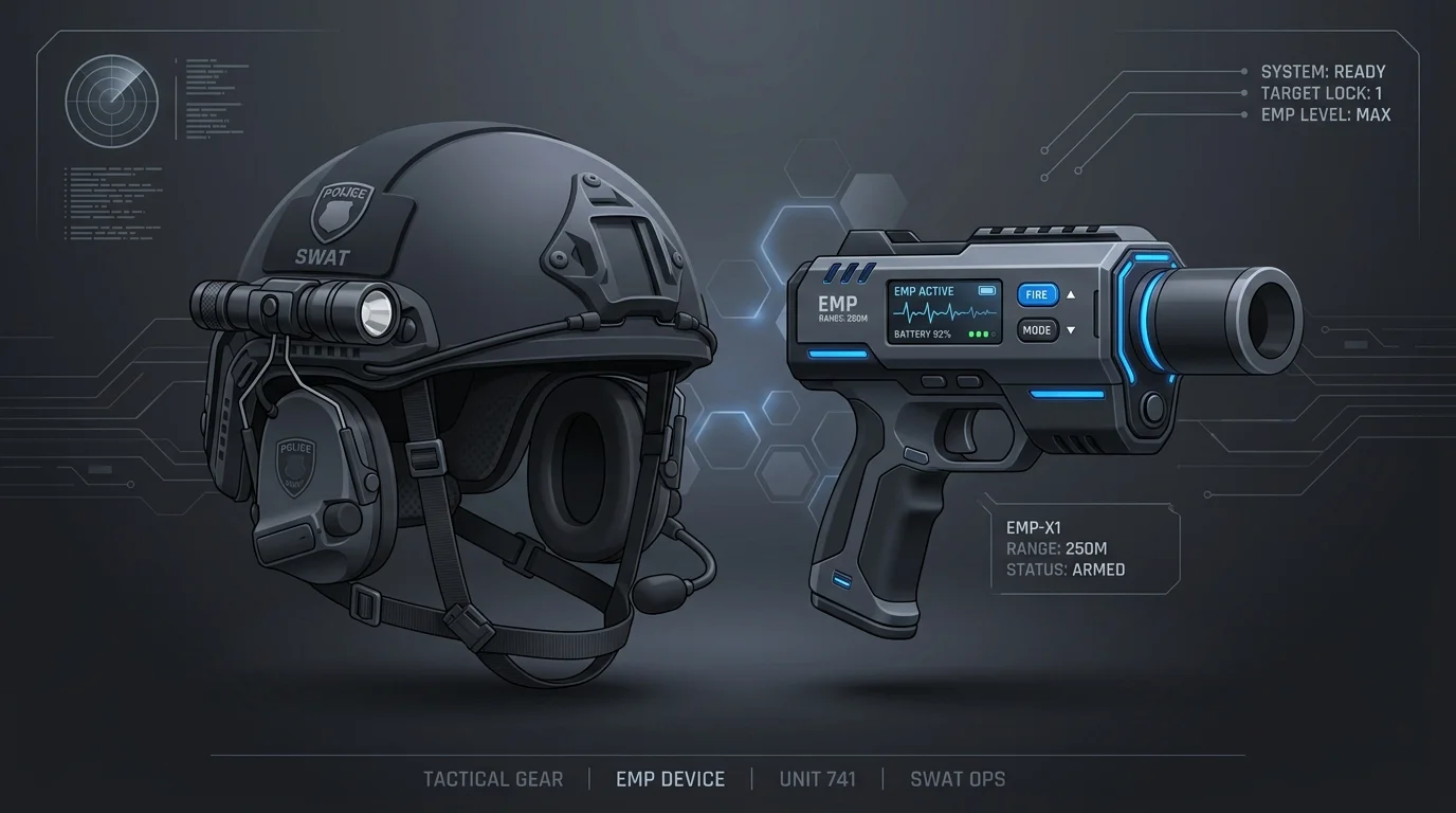 Police EMP device and tactical swat helmet