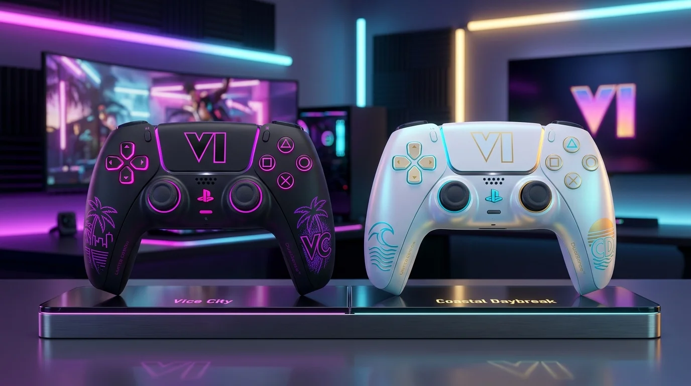Side by side comparison of Vice City Nightlife Black and Coastal Daybreak White GTA 6 DualSense controllers