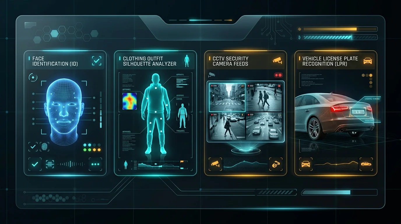 High-tech 3D HUD telemetry displaying Face ID, Outfit Analyzer, CCTV feeds, and License Plate Recognition