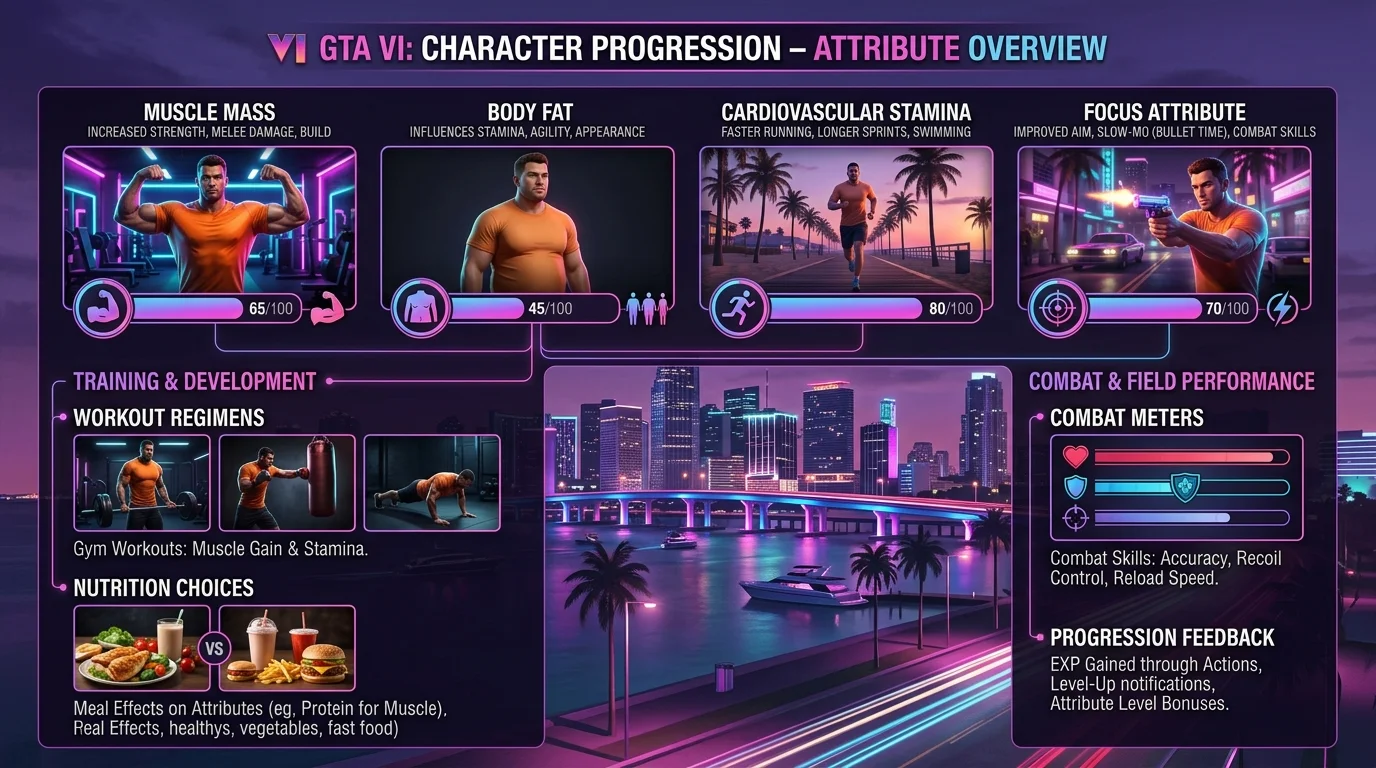 GTA 6 character progression attribute overview infographic illustrating muscle mass, body fat, stamina, and focus gauge