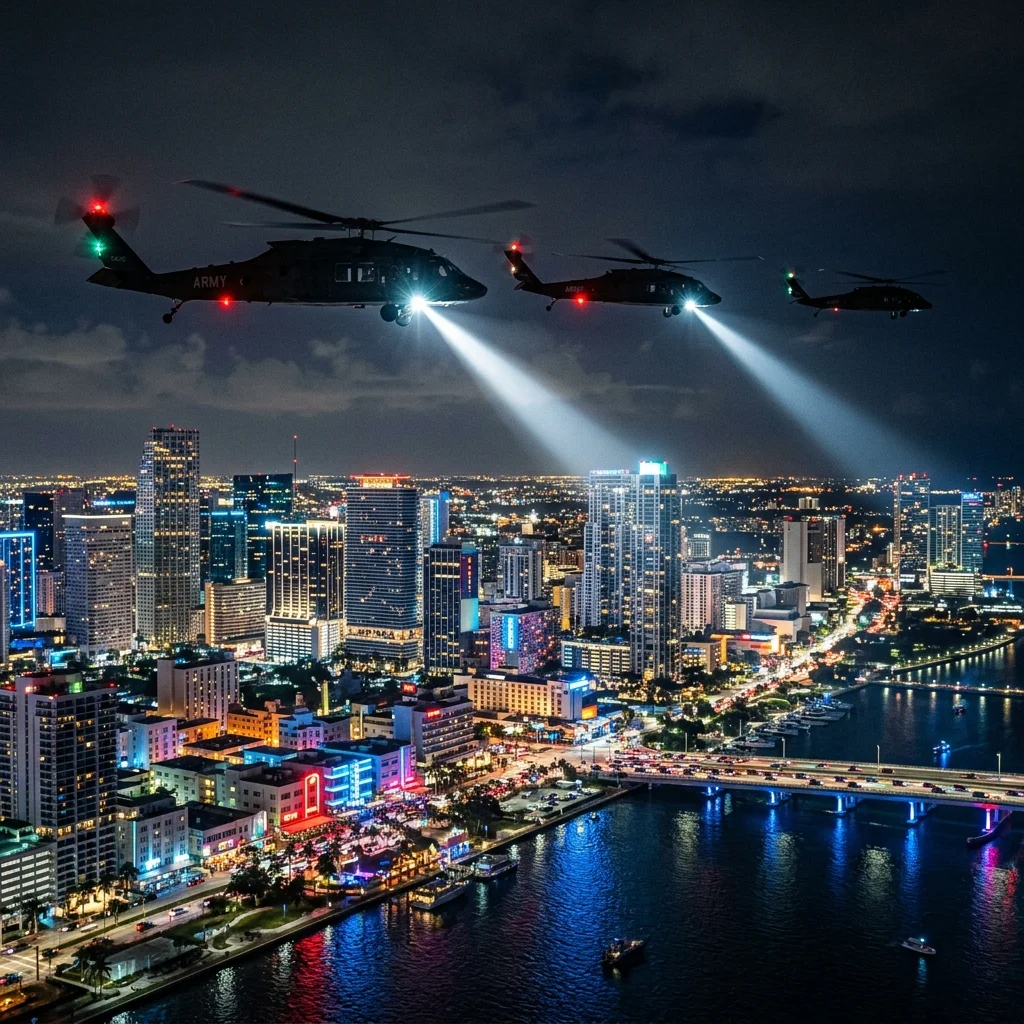 Helicopter search lights over Leonida