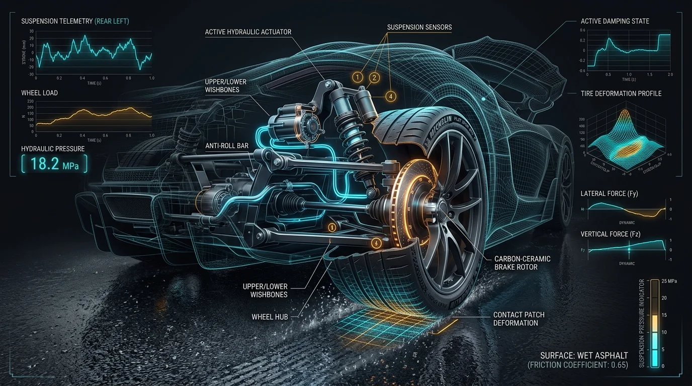 RAGE 9 active suspension and tire deformation telemetry wireframe breakdown