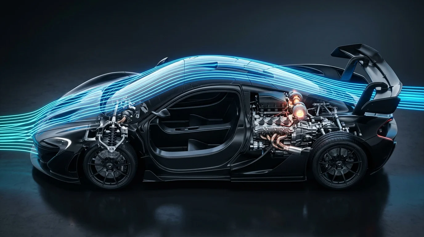 3D technical cutaway diagram of performance sports car chassis, suspension, and aerodynamic flowlines