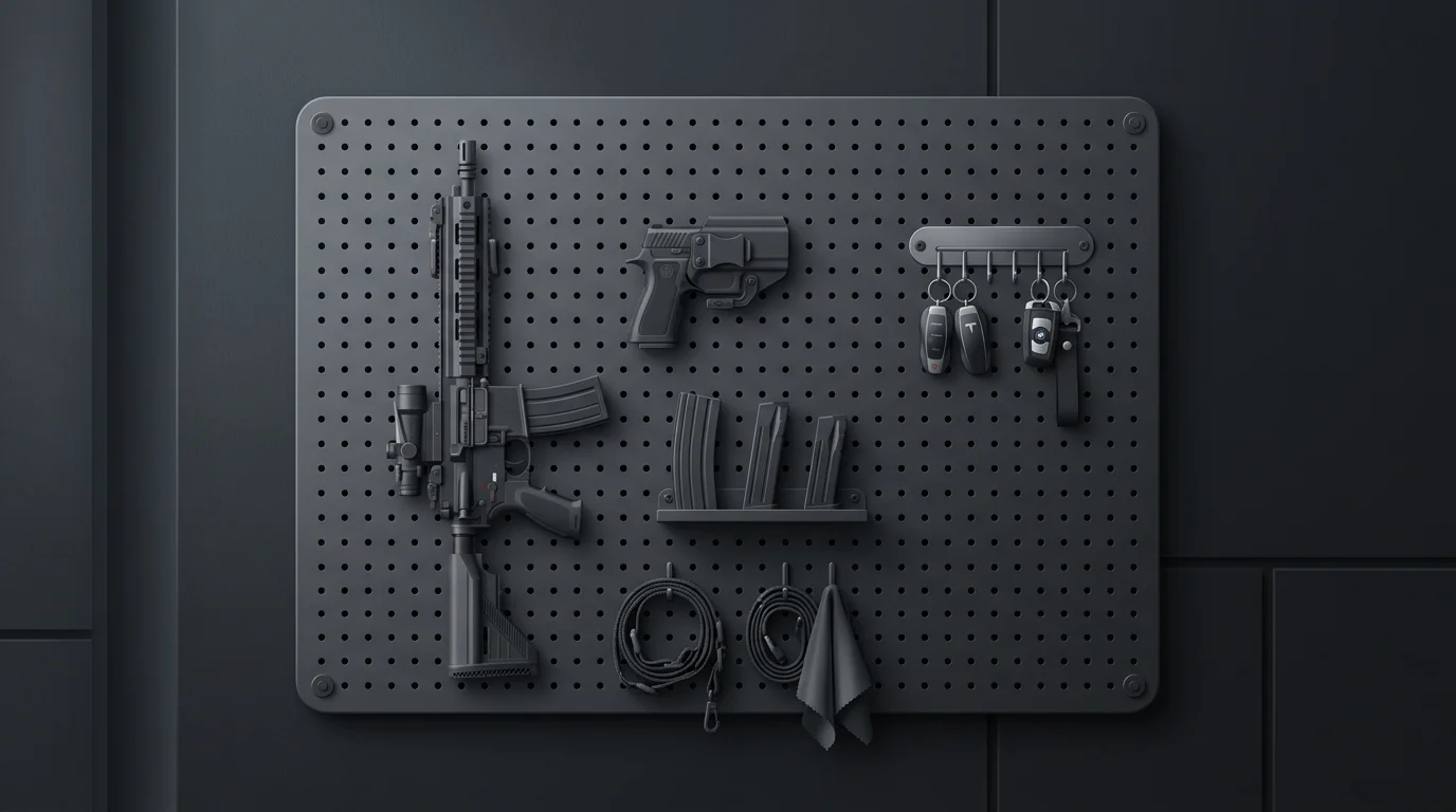 Pegboard armory wall with weapons and car keys