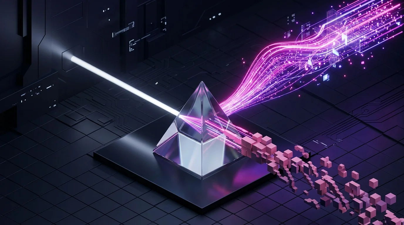 3D isometric data prism illustrating uncompressed high bitrate video vs compressed streams