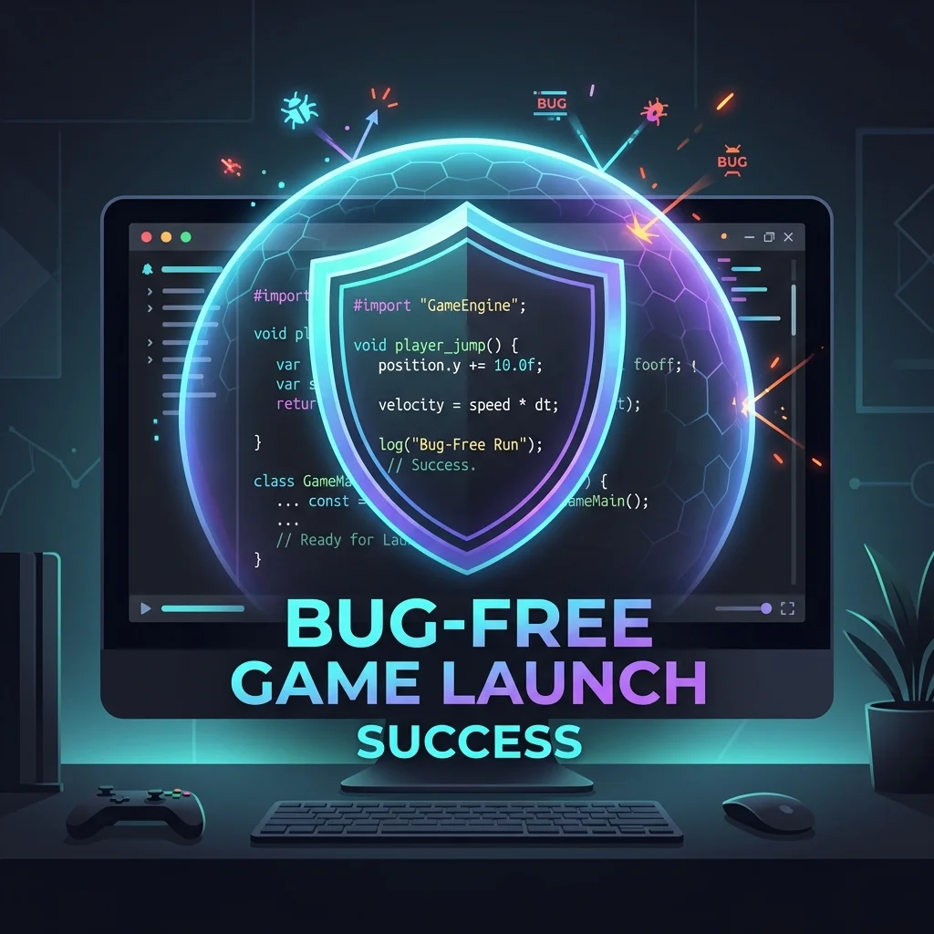 Code shielded by a protective barrier symbolizing a bug-free game launch