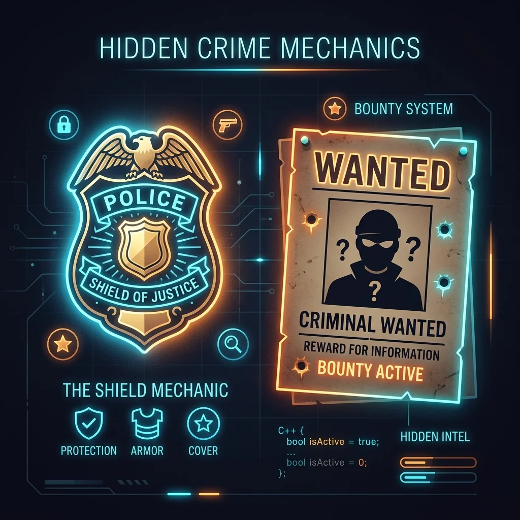 Glowing police badge and a wanted poster symbolizing hidden gameplay mechanics