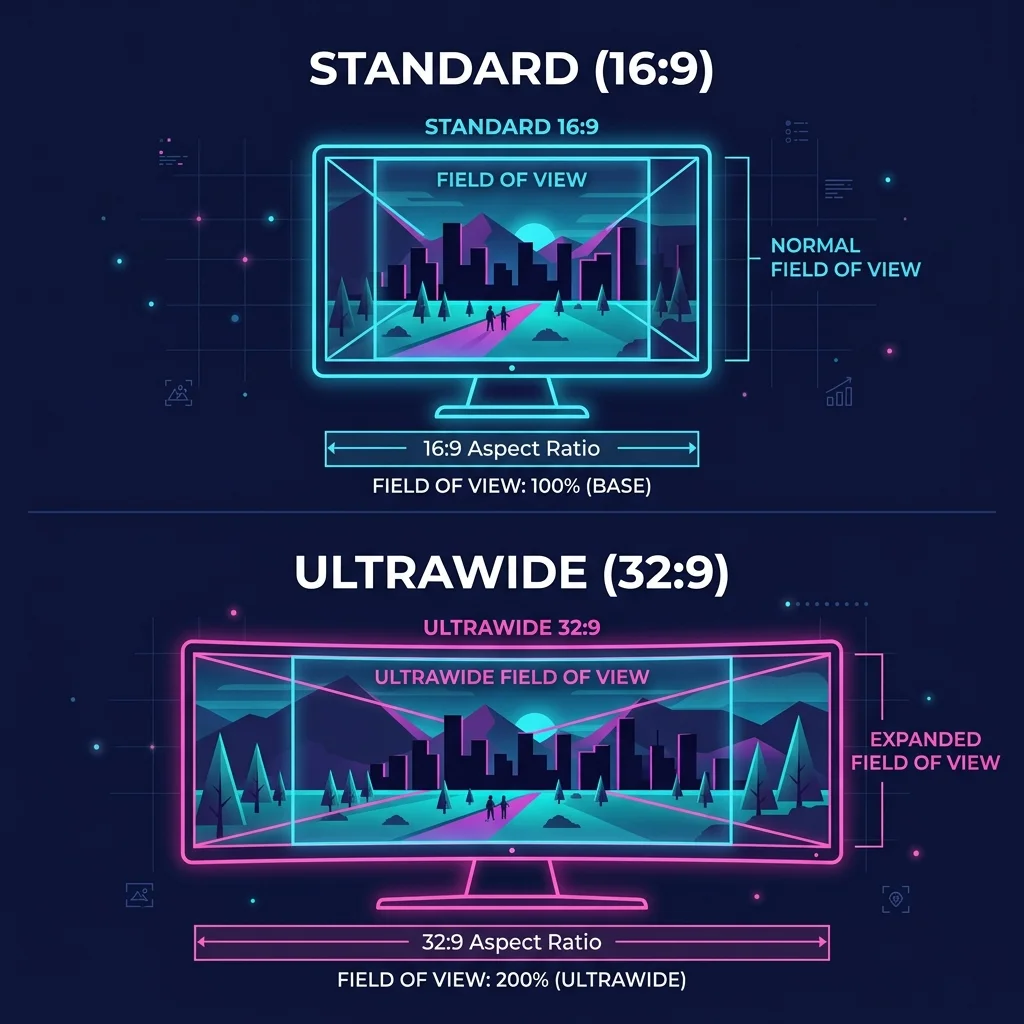 Illustration comparing 16:9 Standard vs 21:9 Ultrawide vs 32:9 Super Ultrawide Field of View